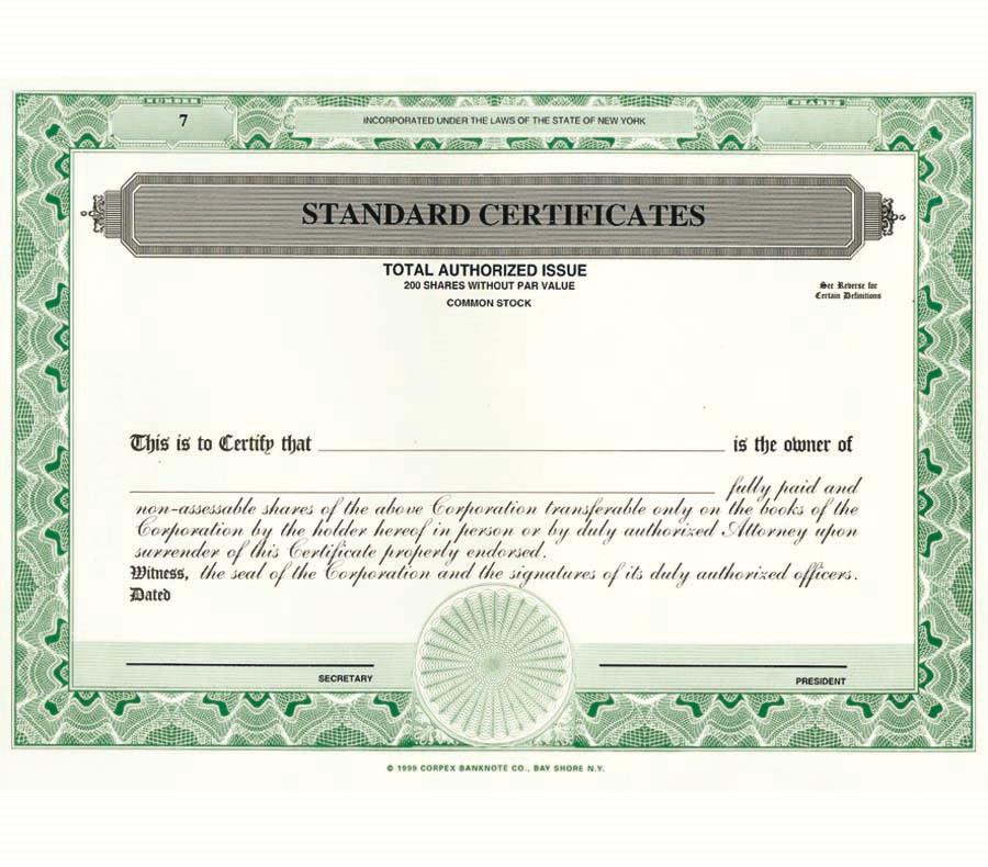 Custom Printed Certificate — Stock Certificates